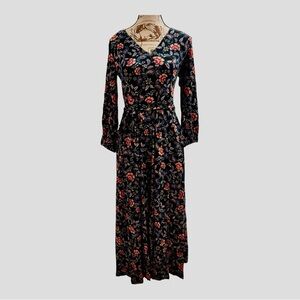 Boden Black and Pink Maxi Dress with Bishop Sleeves and V-Neck